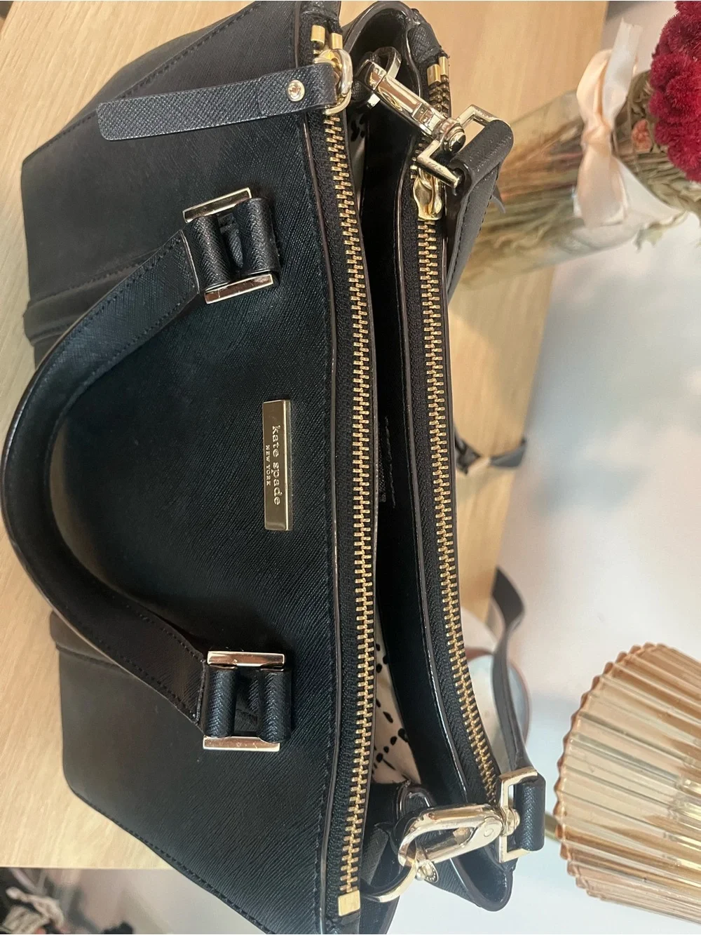 kate spade Black Structured Saffiano Satchel with Gold Hardware